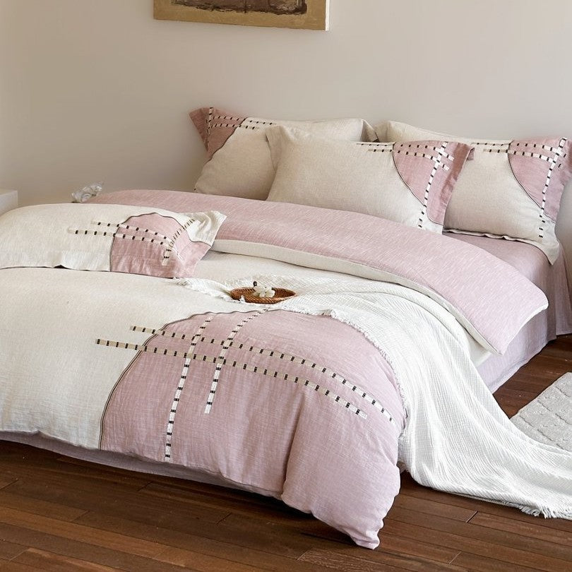 Linen-Blend Duvet Cover Set with Geometric Stitch Embroidery
