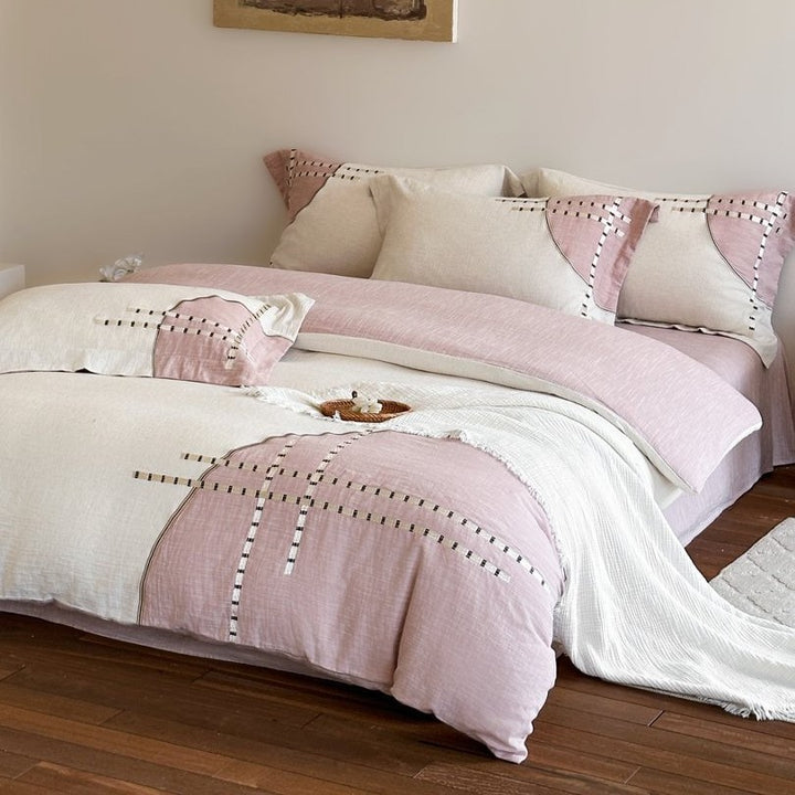 Linen-Blend Duvet Cover Set with Geometric Stitch Embroidery
