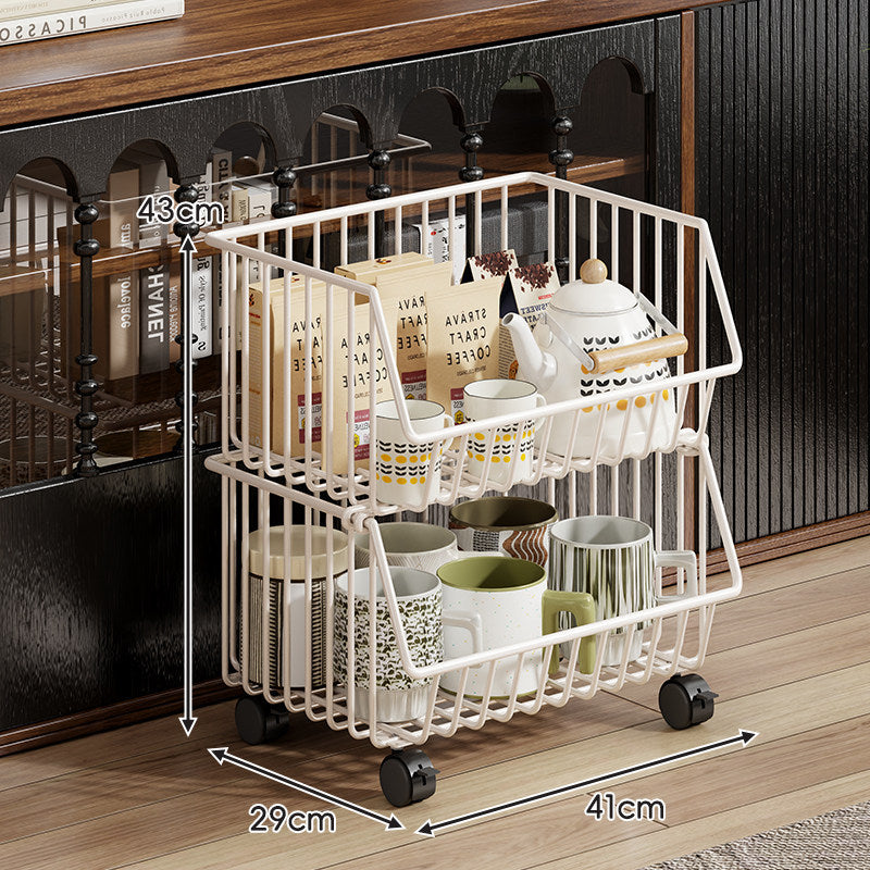 Four-Tier Tall Rolling Wire Pantry and Mug Storage Cart with Deep Slanted Baskets
