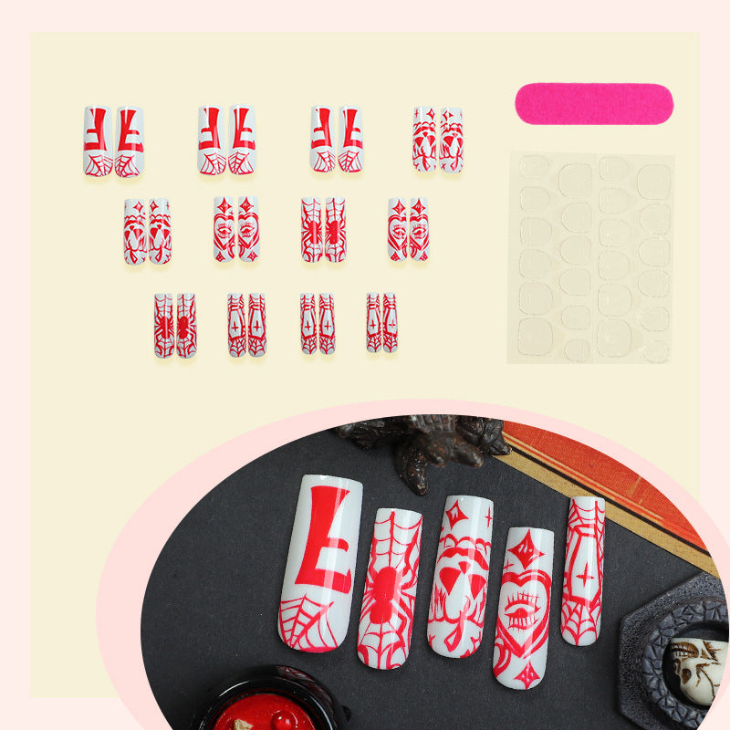 Halloween-Themed Press-On Nail Art Set with Gothic Spider Design