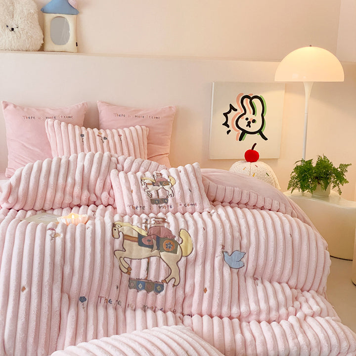 Fluffy corduroy quilt set with embroidery