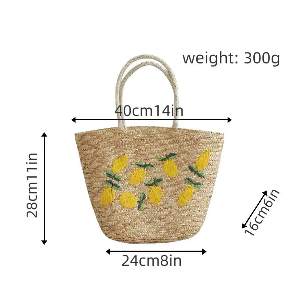 Spacious straw bag with lemon embroidery Stornfield