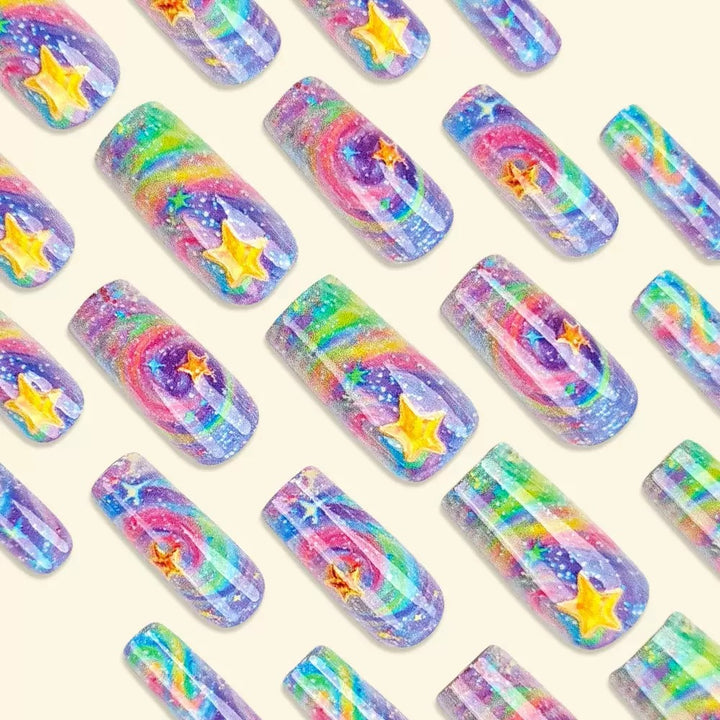 Glittering artificial nail set with colorful spiral design and star accents Stornfield