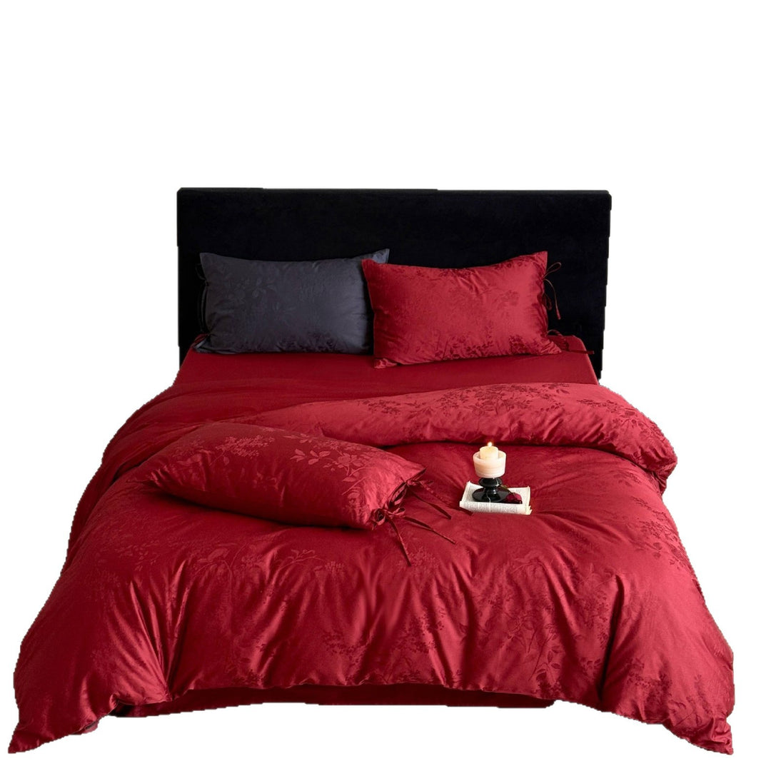 Luxurious jacquard bedding set with bow closures and floral relief
