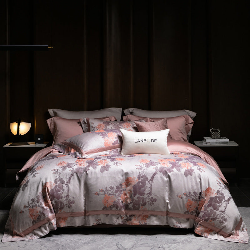 Floral Jacquard Sateen Duvet Cover Bedding Set with Reversible Silky Backing and Embroidered Accent Pillow