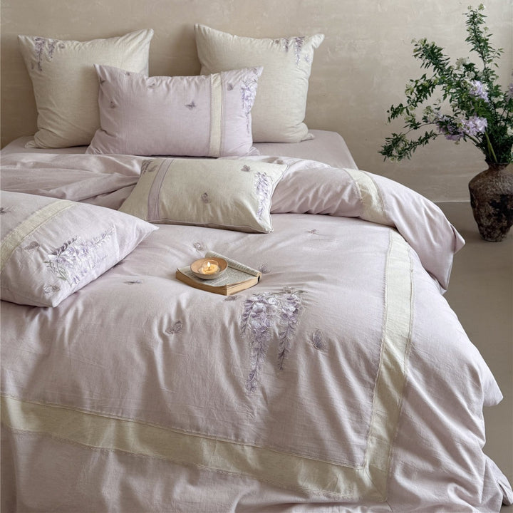 Linen-Blend Embroidered Wisteria Duvet Cover and Sham Set