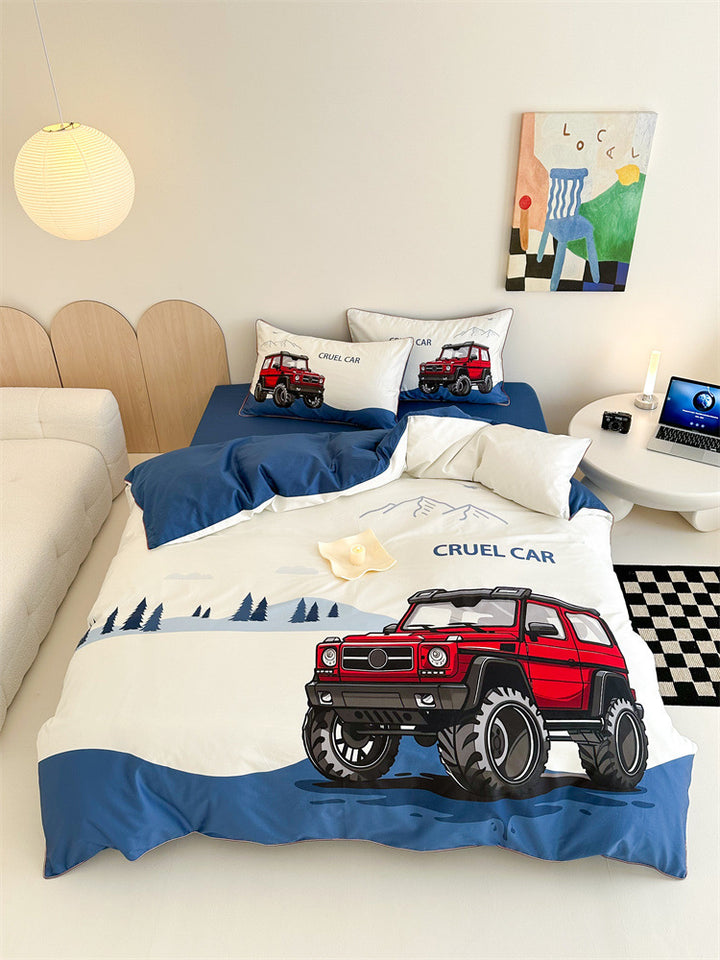 Children's bedding set with off-road jeep adventure illustration and soft cotton mix