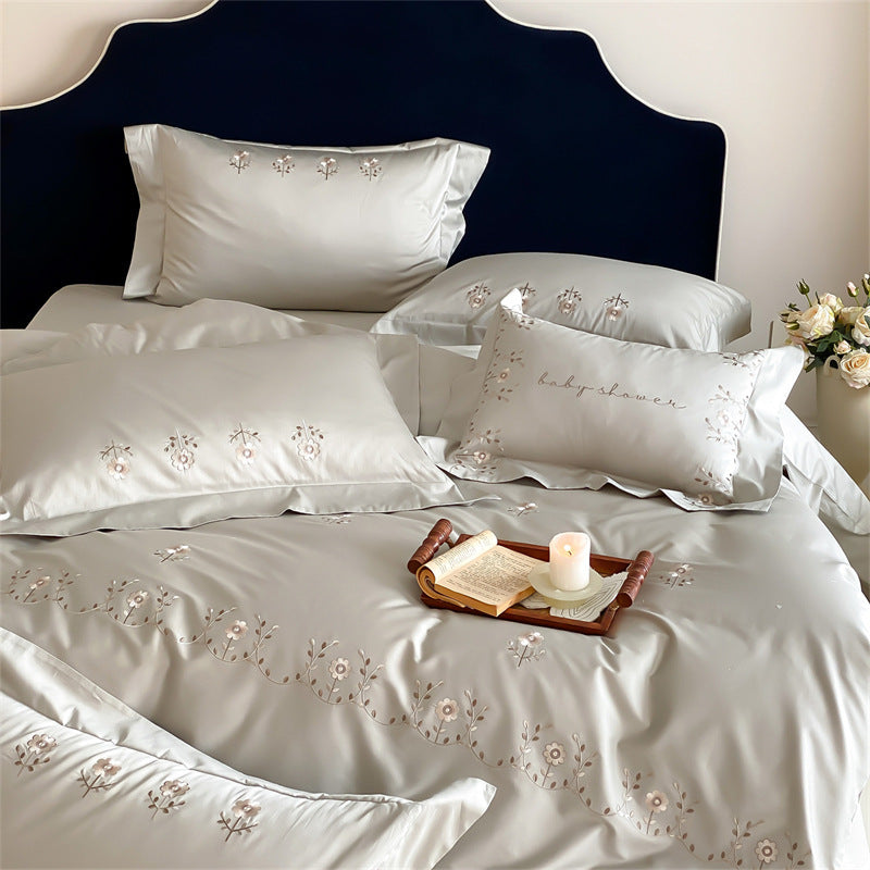 Embroidered Cotton Sateen Duvet Cover Set with Floral Border and Decorative Pillow Shams