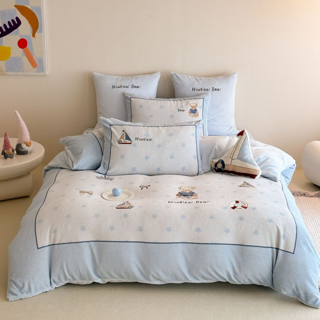 Cute Cartoon Embroidered Cotton Duvet Cover & Quilted Comforter Ensemble