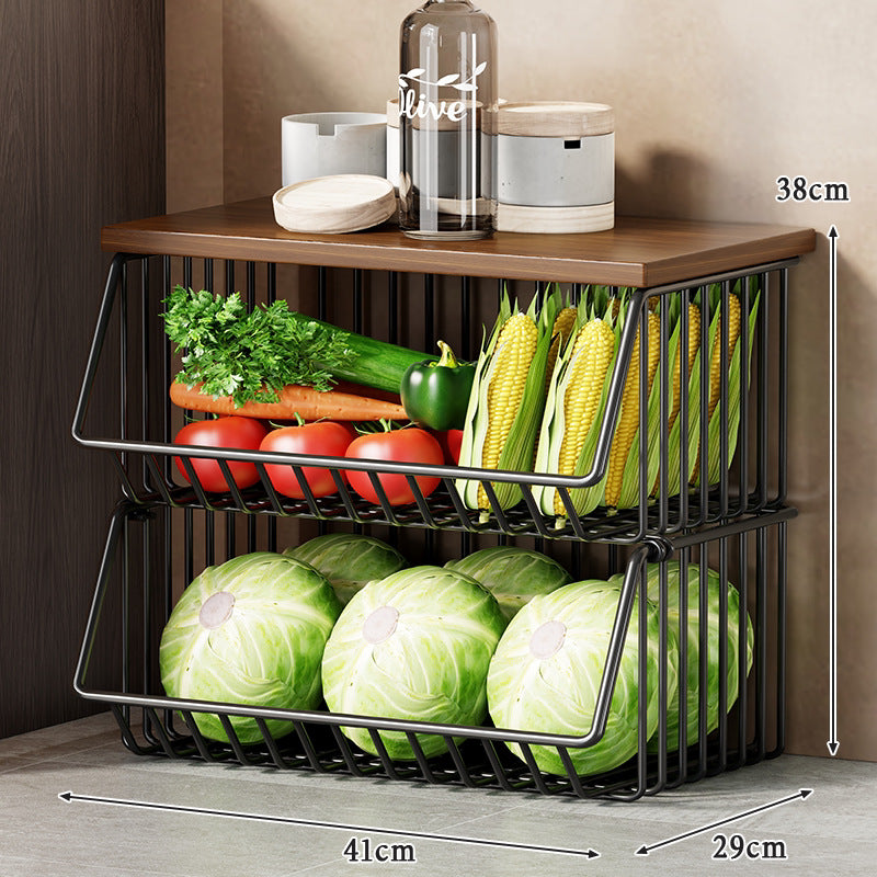 Slim Vertical Multi-Tier Fruit and Vegetable Storage Cart with Wood Top and Locking Casters