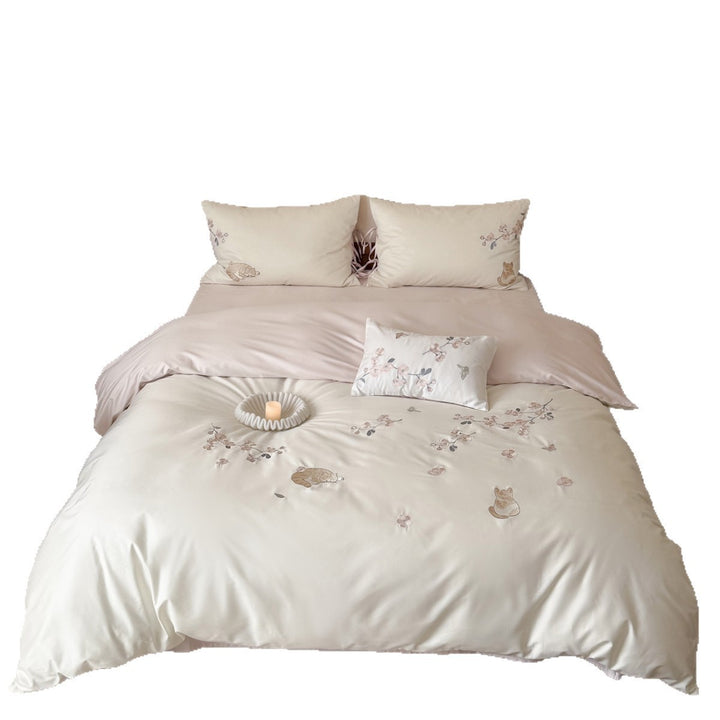 Luxurious Embroidered Satin Duvet Cover Set with Floral and Cat Motif