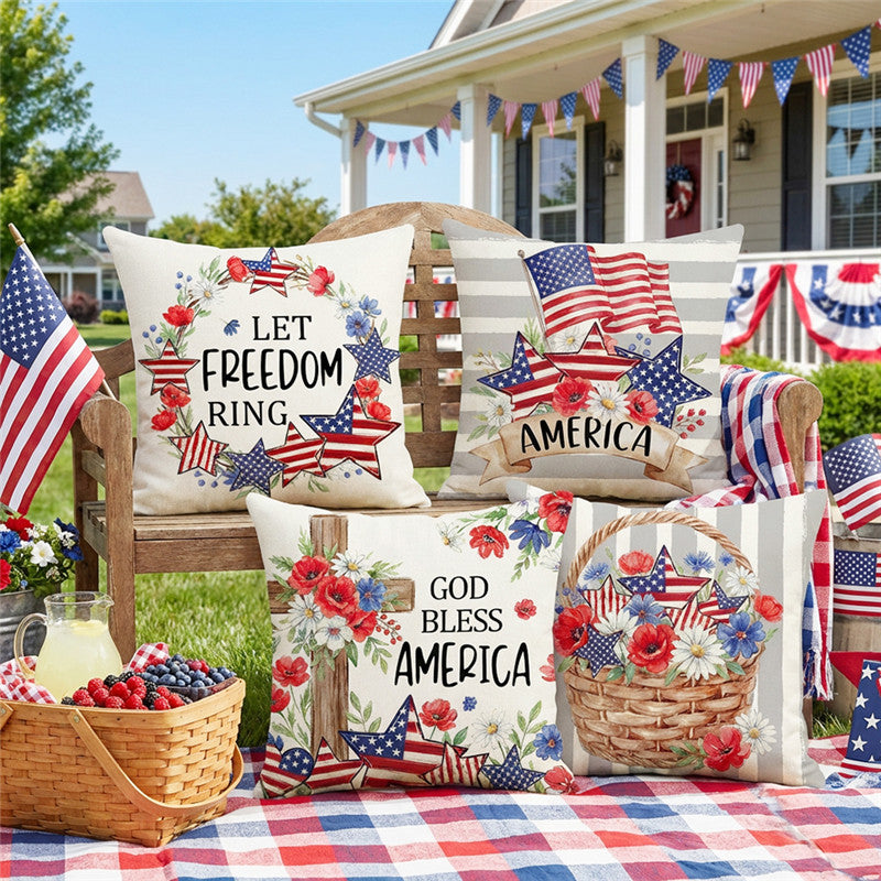 Patriotic Decorative Throw Pillow Cover with American Flag Stars and Floral Banner