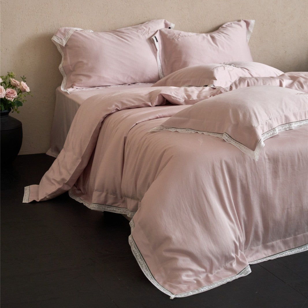 Luxury Cotton Sateen Duvet Cover Set with Embroidered Lace Hem