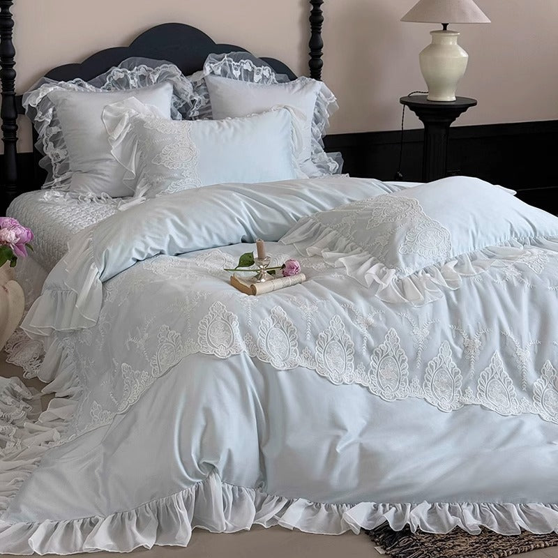 Romantic Ruffled Lace Cotton Sateen Duvet Cover Set with Scalloped Embroidery & Decorative Shams