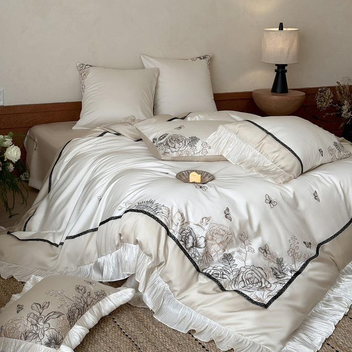 Embroidered Ruffled Satin-Look Duvet Cover Set with Floral & Butterfly Motif