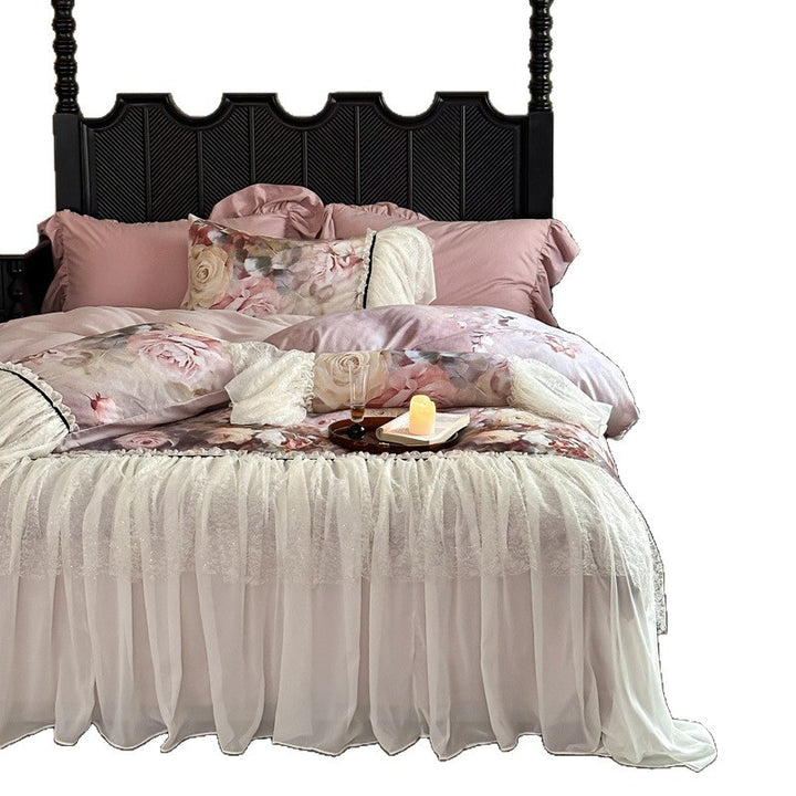 Romantic floral cotton satin bedding set with lace ruffle and decorative bed cover