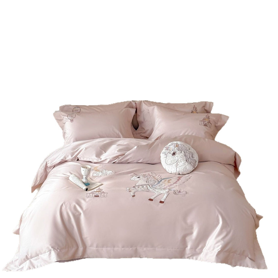 Fantasy Satin Duvet Cover Set with Embroidered Pegasus and Castle Motifs