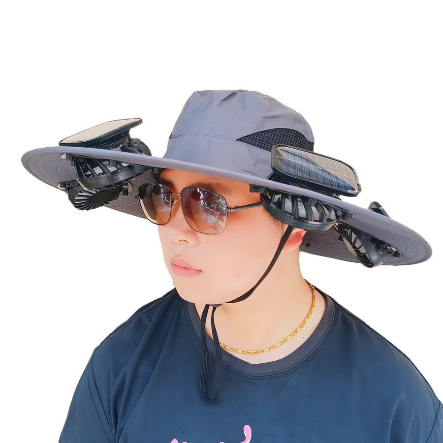 Wide-brimmed sun hat with detachable swivel solar fans and adjustable chin strap Stornfield