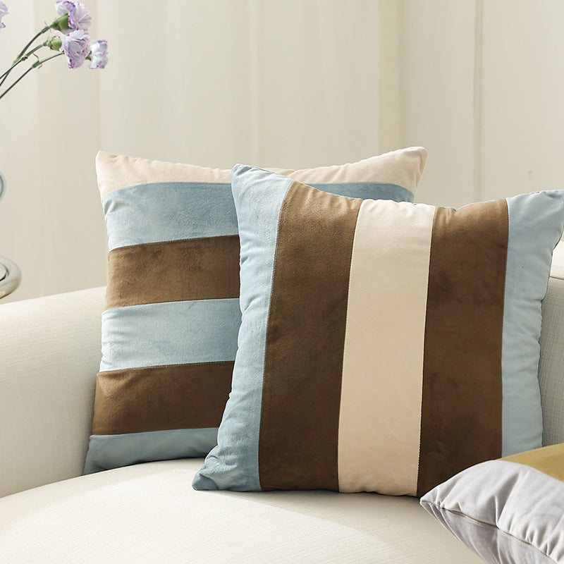 Striped square velvet decorative cushion with contrasting inserts