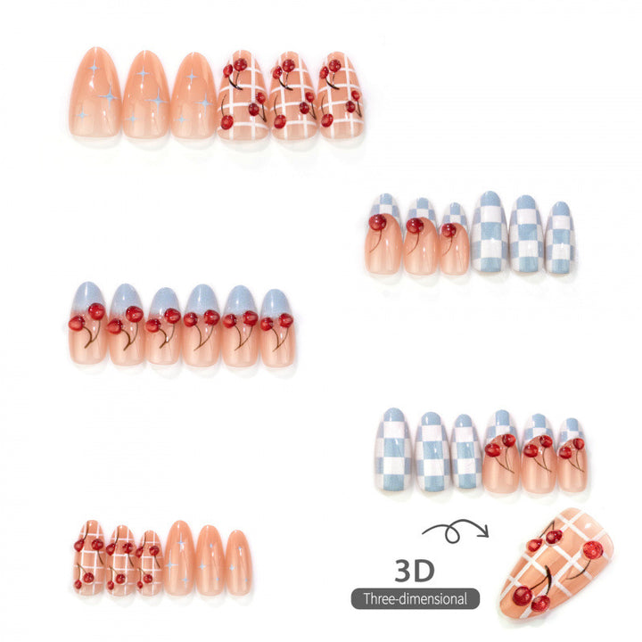 Artistic Hand-Painted Cherry Accent Press-On Nails