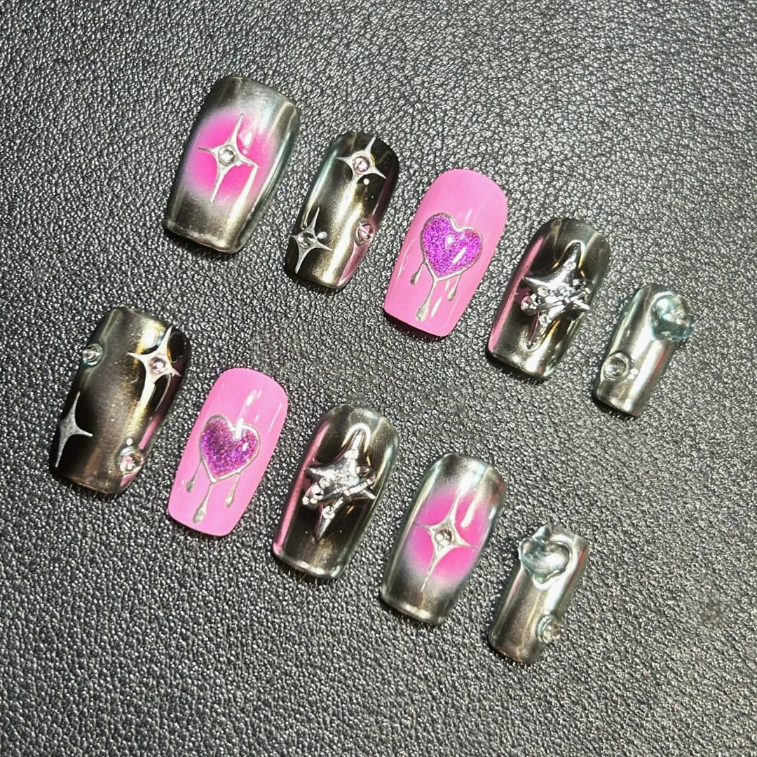 Decorative Press-On Nail Art Set with Heart and Star Designs