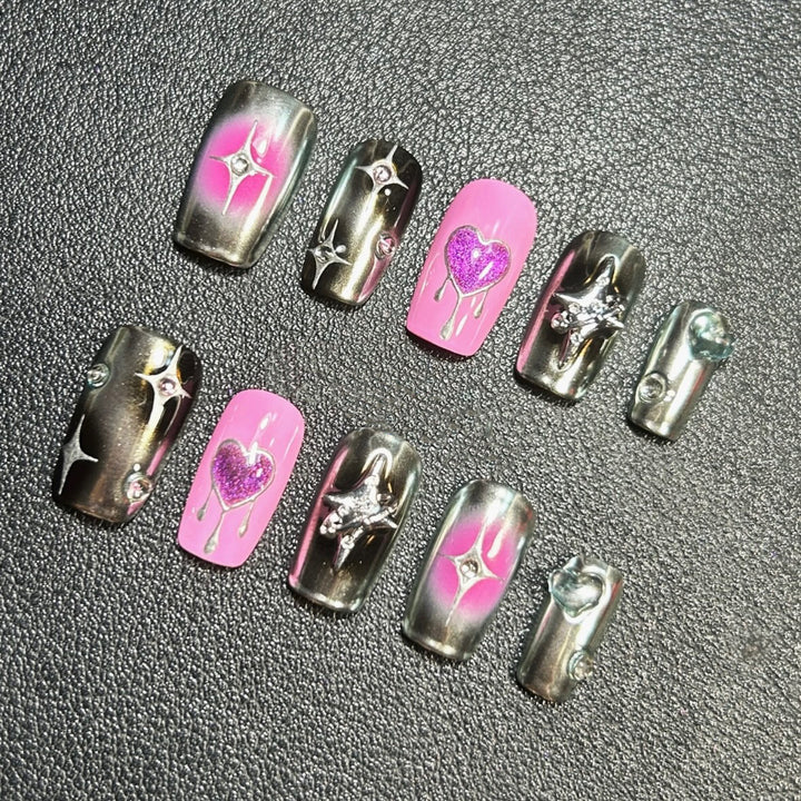 Decorative Press-On Nail Art Set with Heart and Star Designs