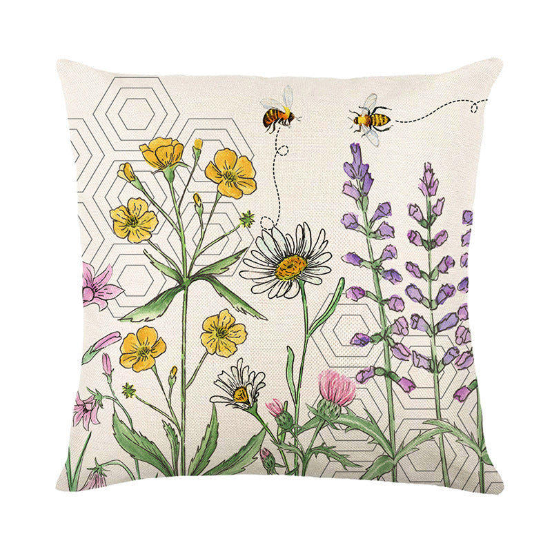 Decorative Cotton-Linen Square Throw Pillow Cover with Hand-Drawn Wildflower & Bee Illustration Concealed Zipper