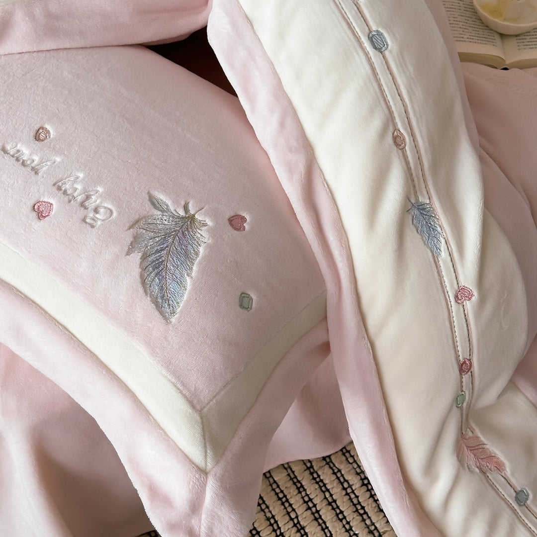 Plush Brushed Flannel Embroidered Feather Duvet Cover and Sham Set