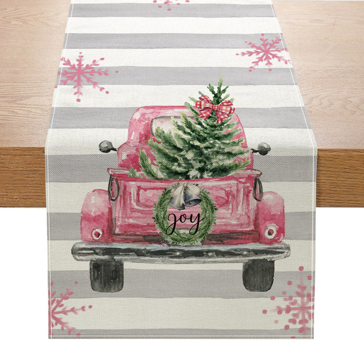 Festive Buffalo Check Cotton-Linen Table Runner with Merry Christmas Pine Design