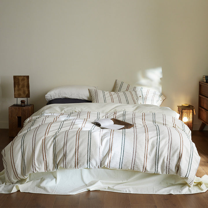Washed Linen-Cotton Striped Duvet Cover Set with Button-Detail Pillowcases & Corner Ties
