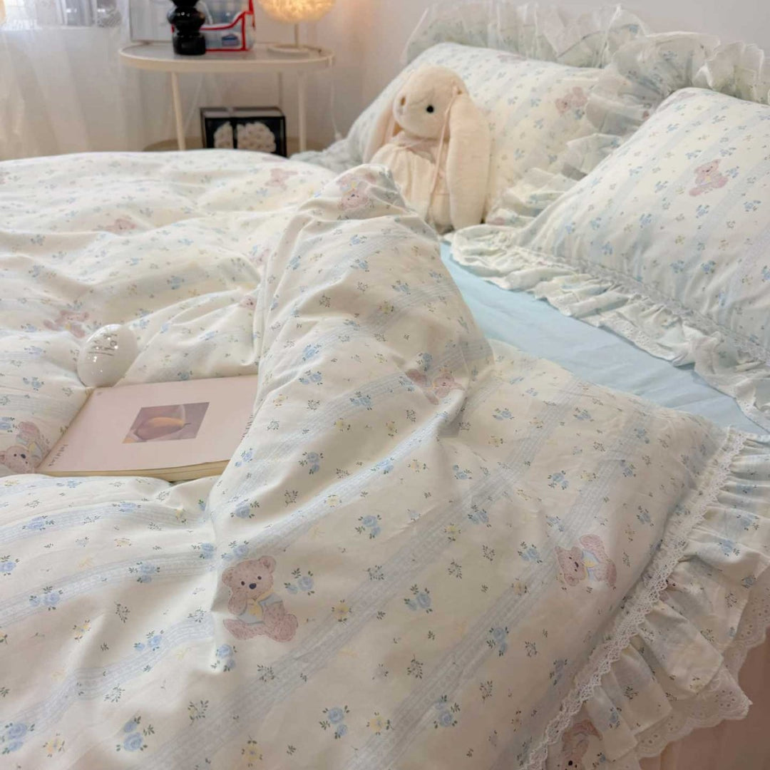 Ruffled Teddy-Pattern Cotton Sateen Duvet Cover Set with Reversible Sheet and Lace-Trim Pillow Shams