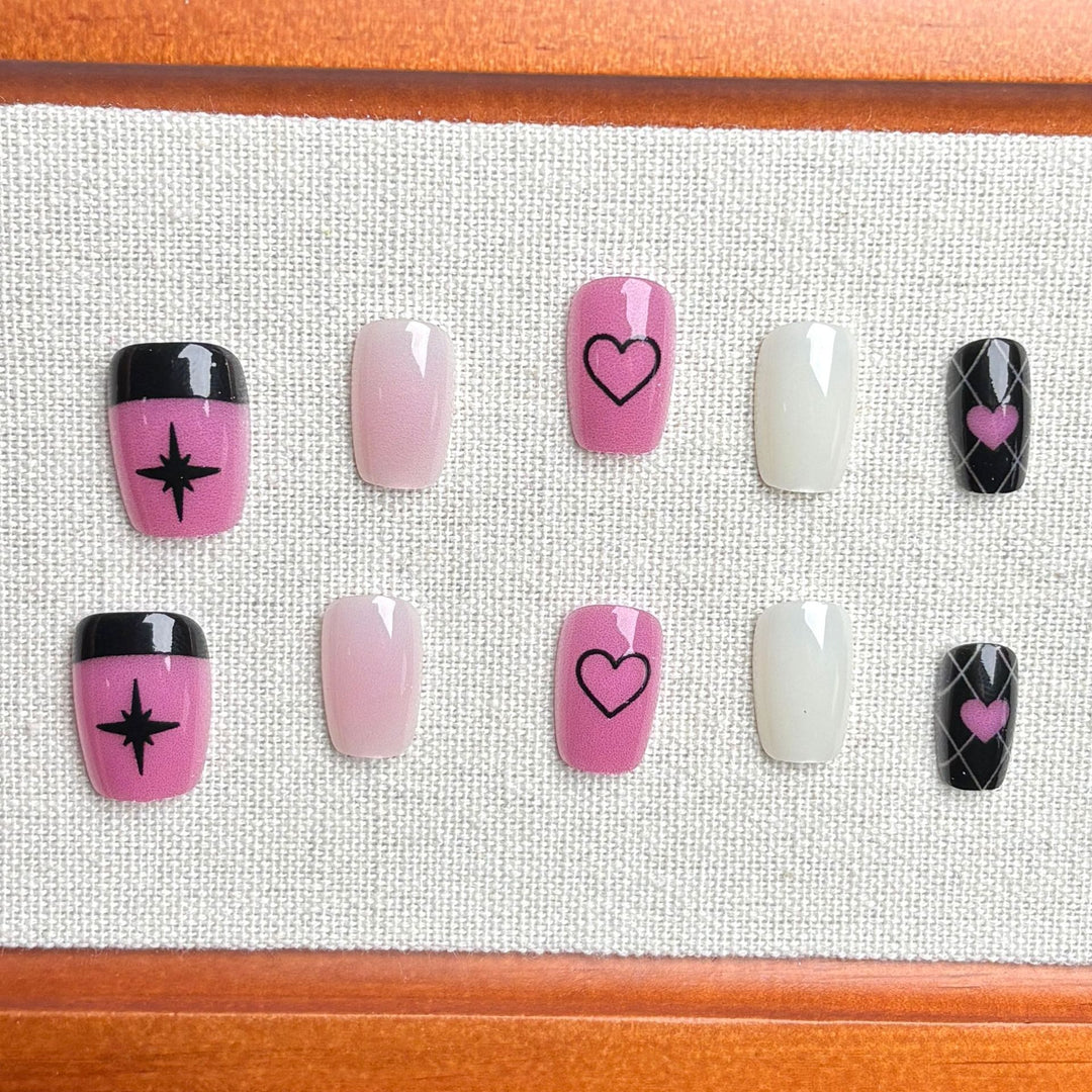 Themed Press-On Nail Set with Heart and Star Designs