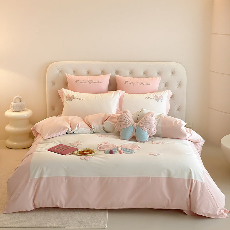 Butterfly Embroidered Cotton Sateen Duvet Cover Set with Decorative Shams and Plush Accent Pillow
