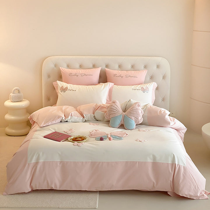 Butterfly Embroidered Cotton Sateen Duvet Cover Set with Decorative Shams and Plush Accent Pillow