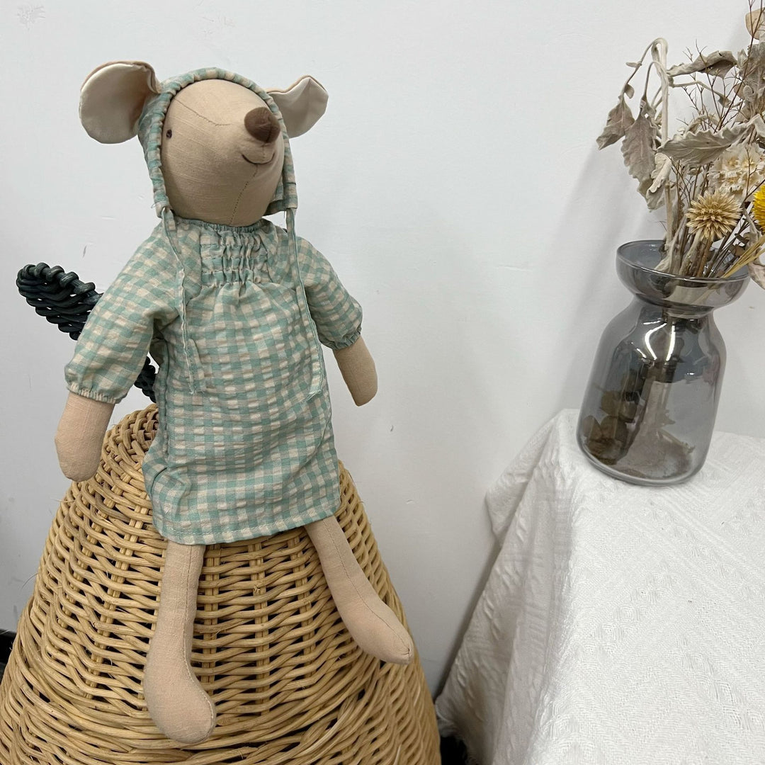 Handcrafted Linen Elephant Soft Toy Doll with Striped Ruffle Collar