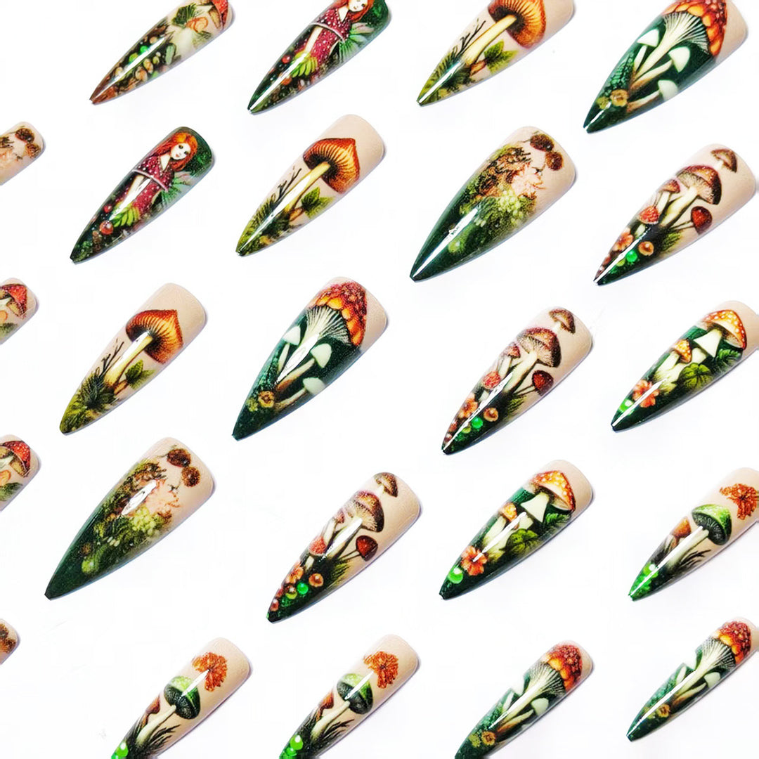 Creative artificial nails with playful fairy and mushroom design Stornfield