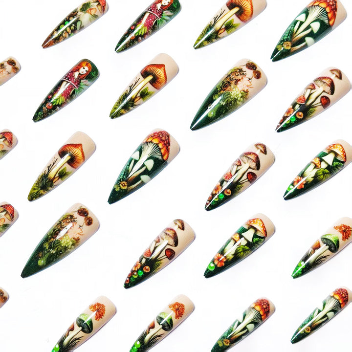 Creative artificial nails with playful fairy and mushroom design Stornfield
