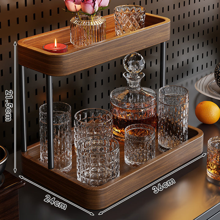Double-Tier Wooden Cocktail Bar Serving Tray Organizer
