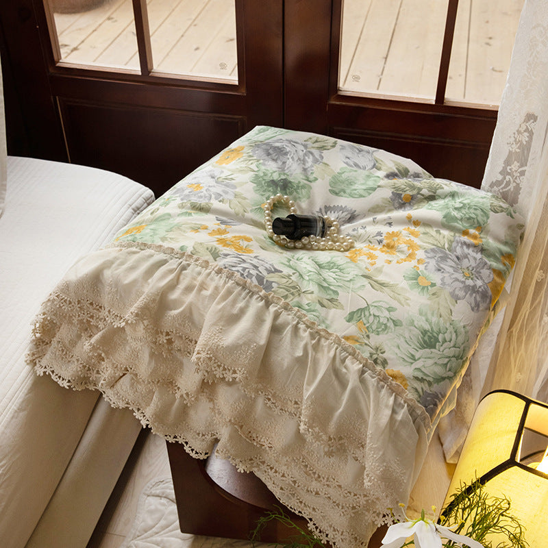 Floral Quilted Throw Blanket with Lace Ruffle Trim