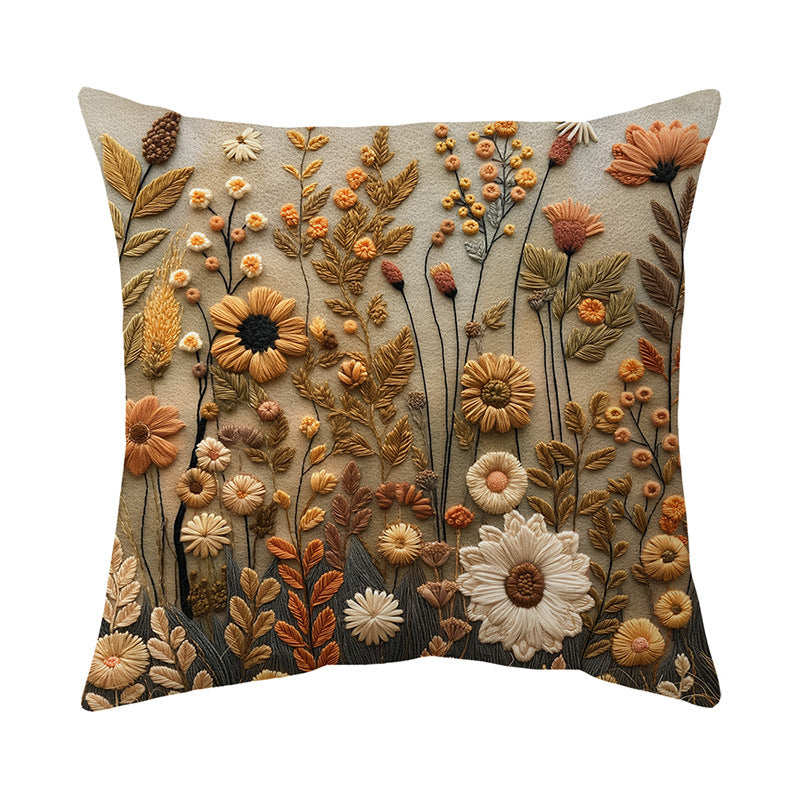 Embroidered Wildflower Raised-Texture Square Throw Pillow Cover