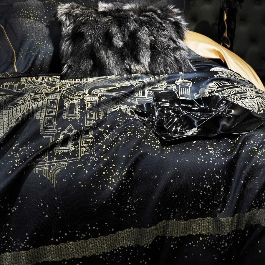 Silk-Effect Cityscape Duvet Cover Set with Metallic Foil Detailing