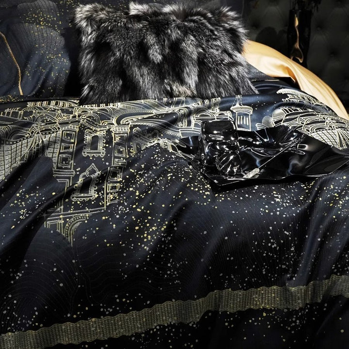 Silk-Effect Cityscape Duvet Cover Set with Metallic Foil Detailing