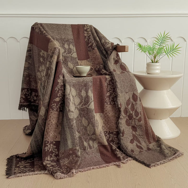 Oversized Jacquard Patchwork Floral Woven Throw Blanket with Fringed Edges