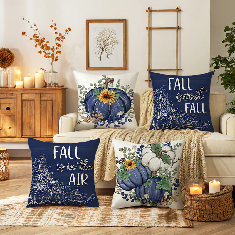 Seasonal Autumn Script Cushion Cover with Pumpkin and Leaf Line Art