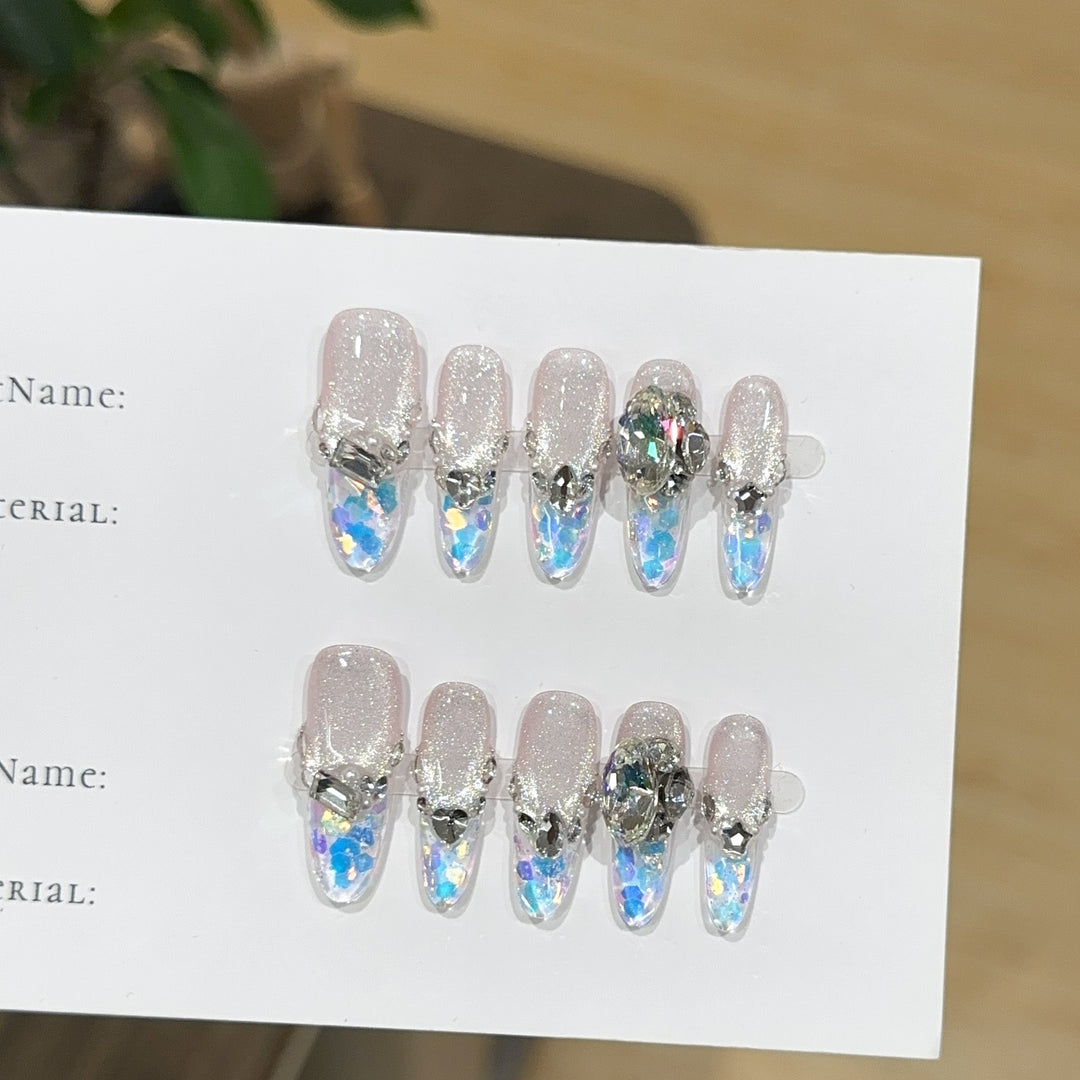 Artistic Gemstone-Embellished Press-On Nail Set 1790730615
