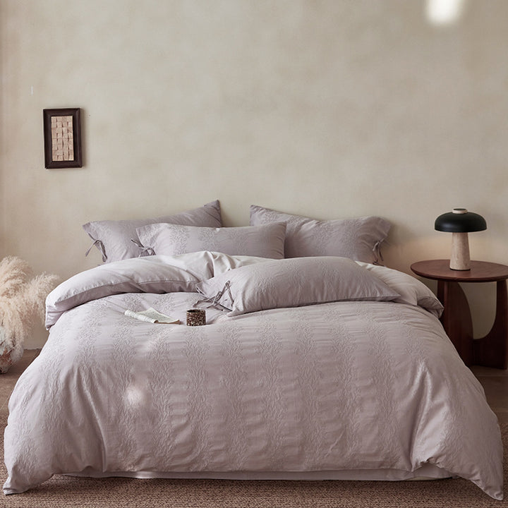 Embossed Botanical Jacquard Duvet Cover Set with Corner Ties and Envelope Shams