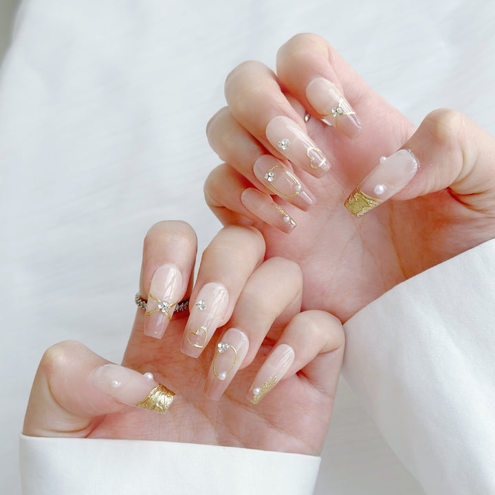 Elegant Ombre Press-On Nails with Pearlescent and Gold Accents