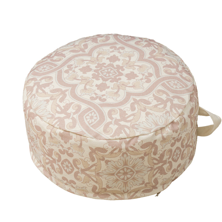 Round floor pouf with woven ornament pattern and carrying handle Stornfield