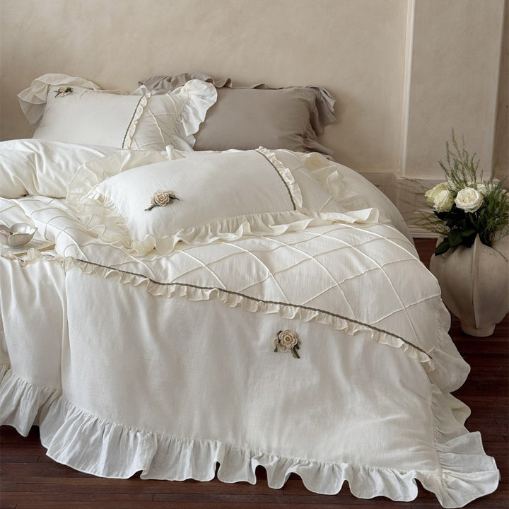 Washed Linen Ruffled Duvet Cover Set with Embroidered Floral Appliqué