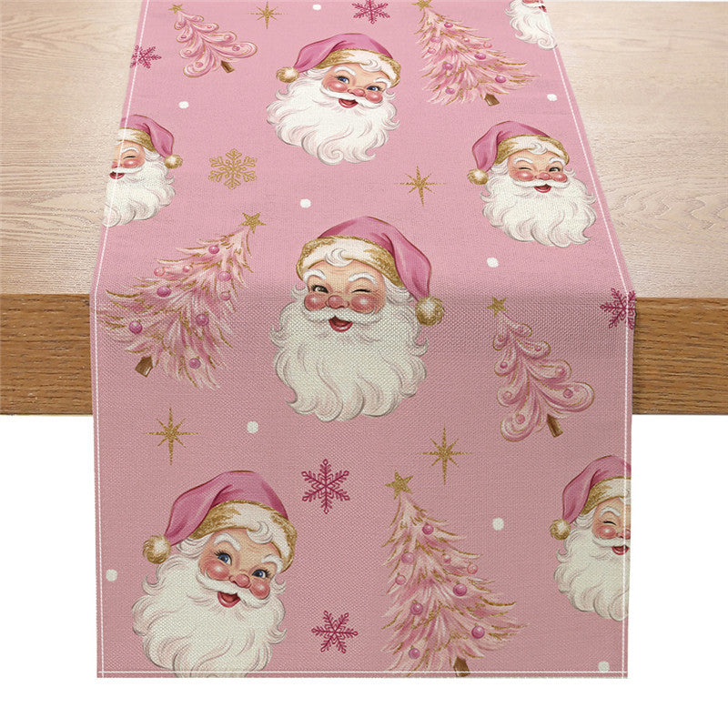 Festive Cotton-Linen Christmas Table Runner with Santa Truck and Snowman Illustration
